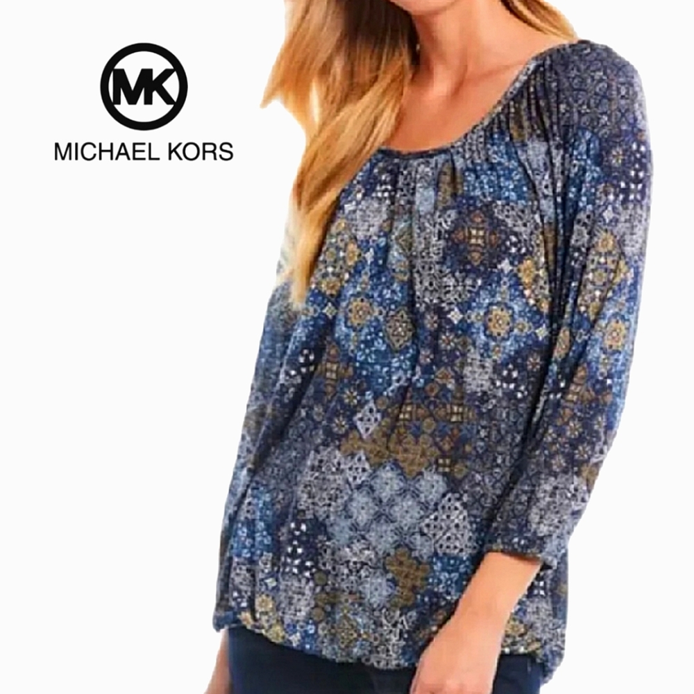 Michael Kors Women's 3/4 Sleeve Boho Patterned Peasant Top,  Size: S